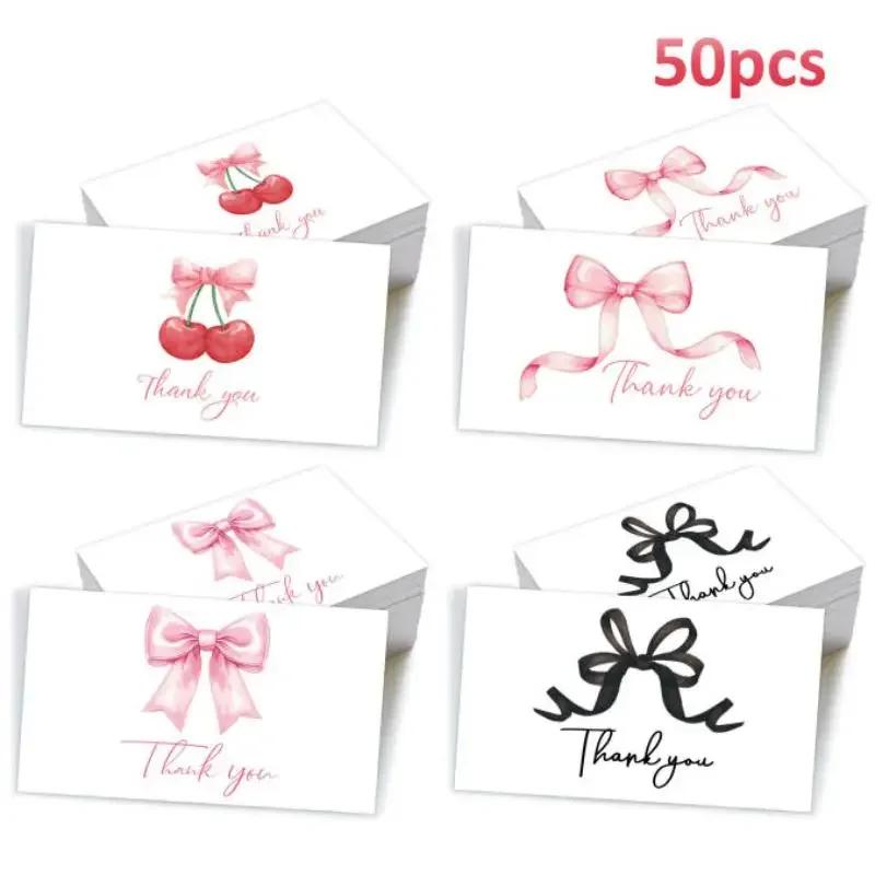 50 adet İş Teşekkür Kartı Kiraz ve Pembe Fiyonk Tasarımı Kutlama Davetiyeleri Hediye Paketleme Kartları Parti İçin