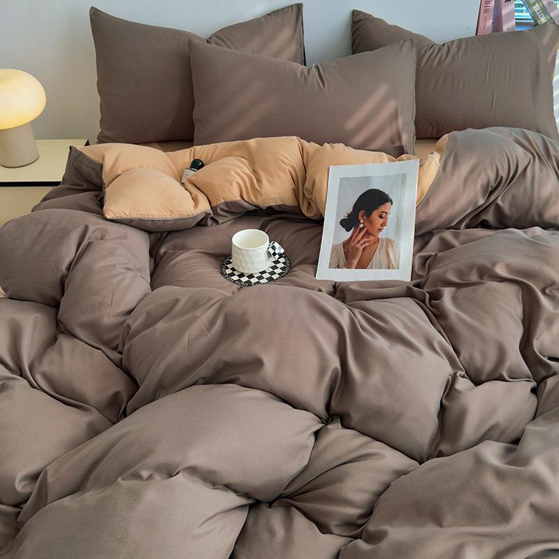 Conjunto de Roupa de Cama Simples de Algodão Lavado Duplamente Torcido - Lençol de Elástico e Capa de Cor Lisa