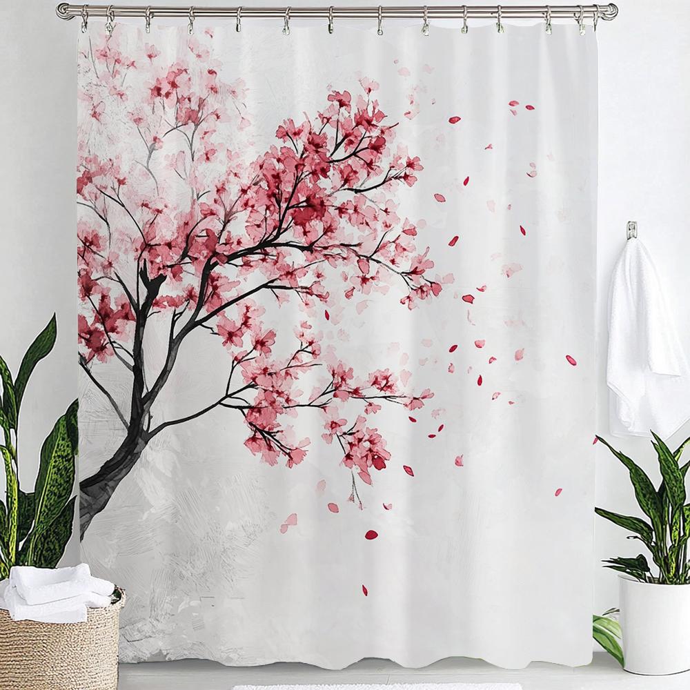 1pc Pink Plum Blossom Flower Print Waterproof Shower Partition Privacy Hanging Curtain with Hooks Multiple Size Machine Washable