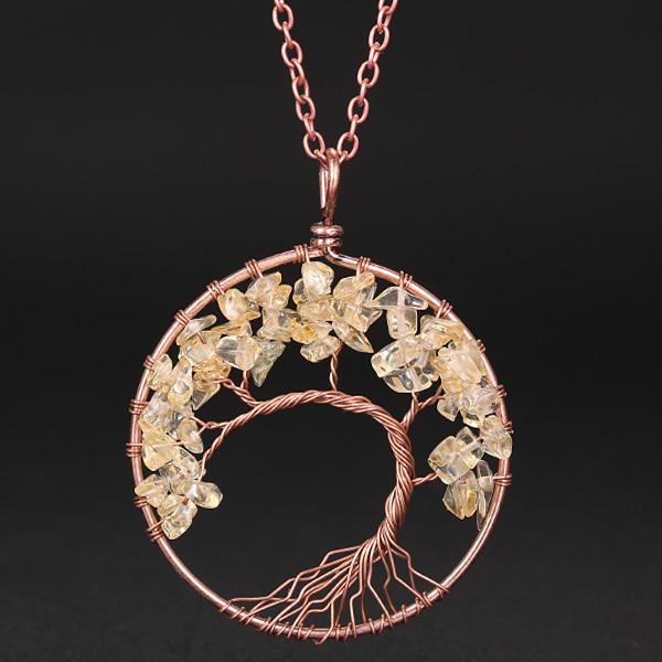 Hand-Wound Natural Stone Crystal Ancient Red Copper Curved Tree Of Life Curved Tree Necklace N01