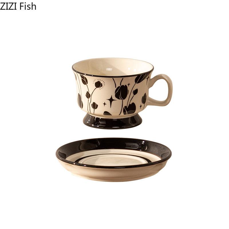 Painted Flowers Pattern Ceramic Cup&saucer Dining Table Gold-plated Coffee Mug Milk Tea Cup Afternoon Tea Teacup Juice Container