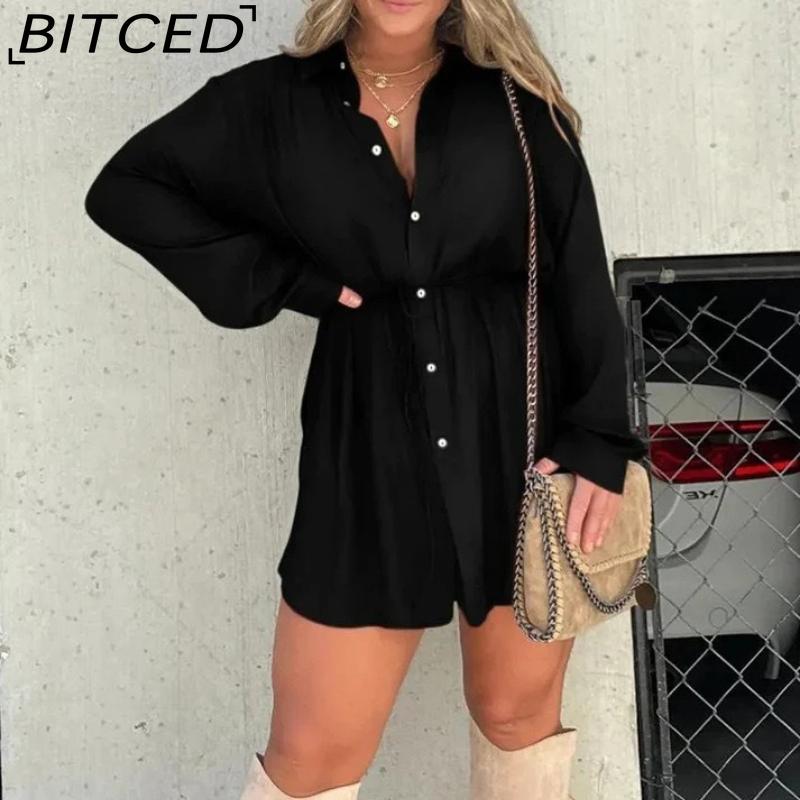 BITCED Autumn Women's Fashion Solid-Colour Long-Sleeved Shirt and Trousers Set