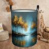 1pc Laundry Basket, Forest-Themed Round Storage Basket, Foldable Storage Basket with Handle, Polyester Material, Perfect for Organizing Bathrooms And 