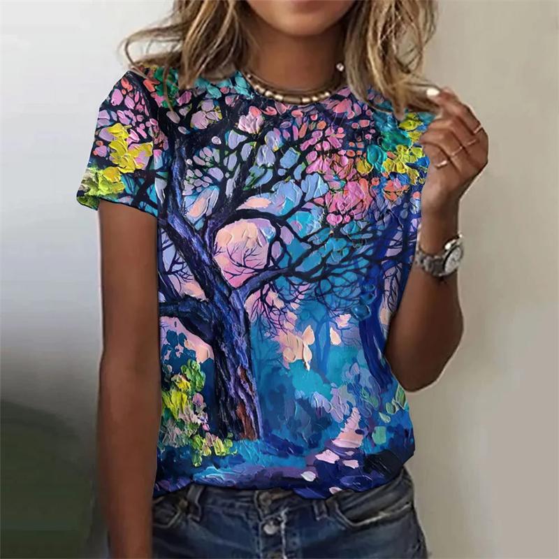 2024 Mode Oljemålning T-shirts Mode Blommigt Tema T-shirt Blommiga Växter T-shirts Sommarkläder Basic Oversized Damtoppar