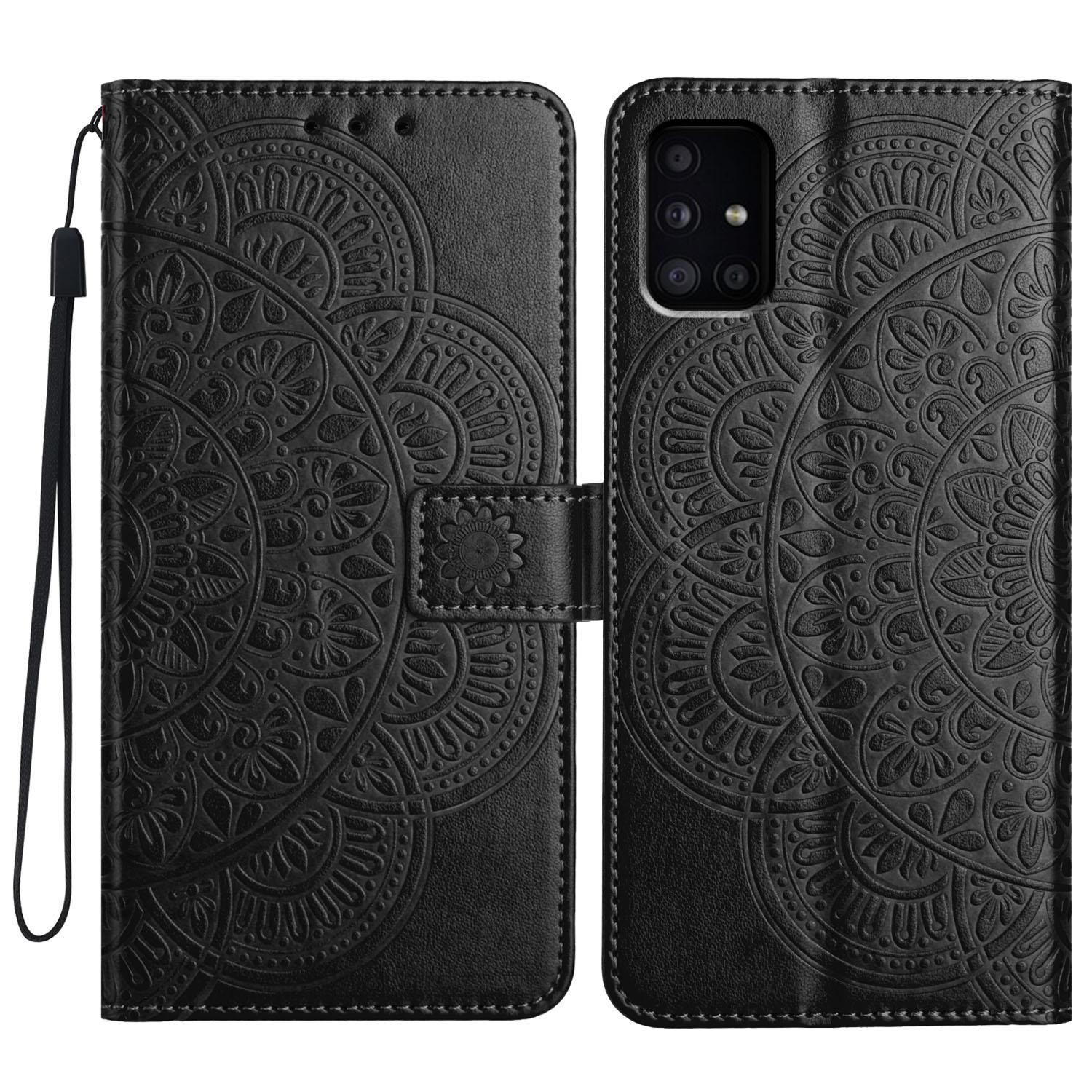

For Samsung Galaxy A51 4G SM-A515 PU Leather Wallet Case Imprinted Flower Cover Black