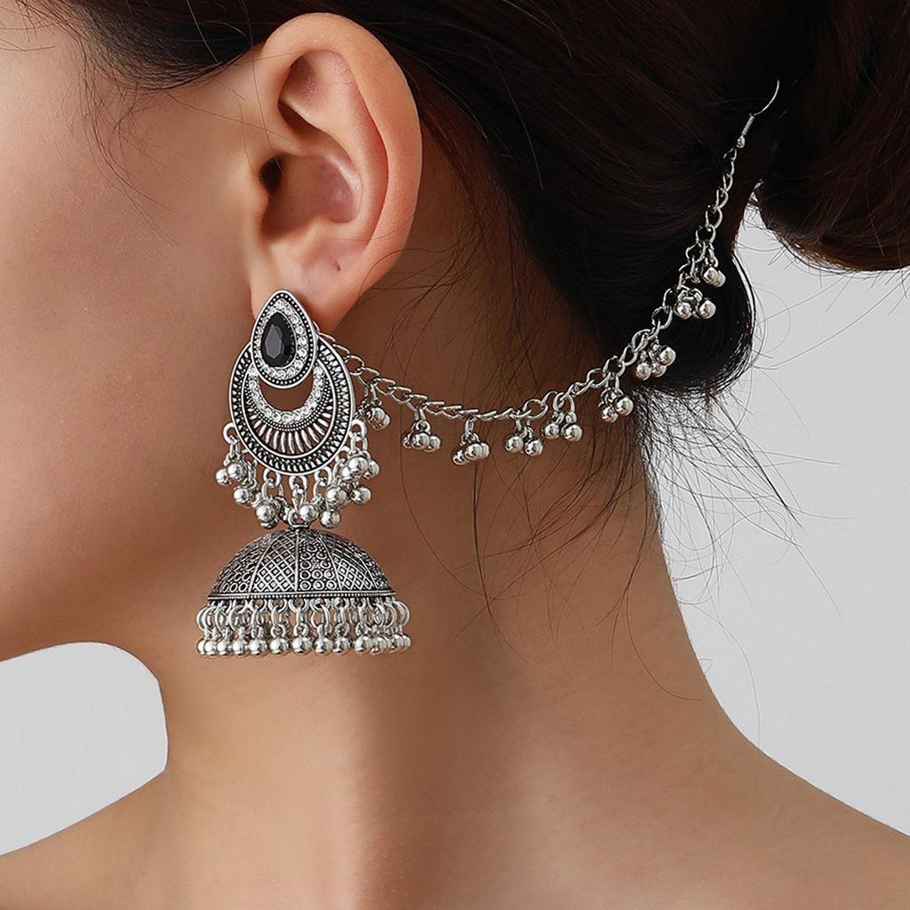 Bohemian Exotic Rhinestone Tassel Necklace & Earrings Set In Antiqued Alloy