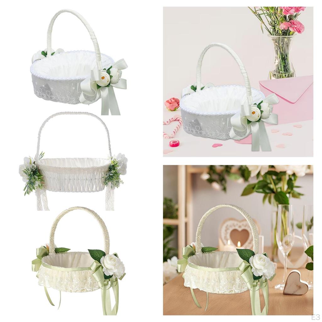 Cesto Fiori Matrimonio - In Tessuto E Pizzo, Bianco, 18x9x20 Cm, Per Ragazze Fiori E Decorazioni - Foto 8