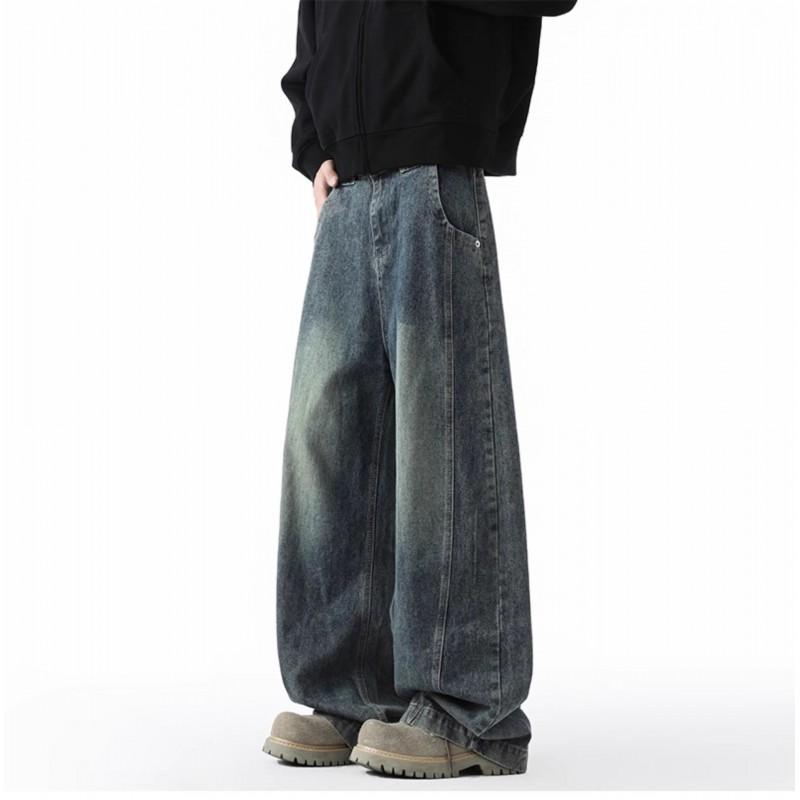 Mens Vintage High Street Wide Leg Jeans Relaxed Straight Casual Trousers Male Trendy Denim Pants