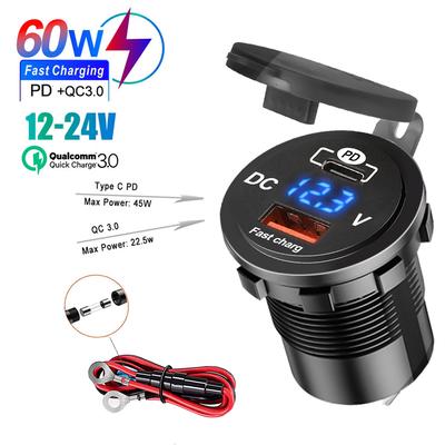 Toma USB Marina Impermeable IP67 QC3.0 PD Cargador Rápido con Pantalla de Voltaje, Salida de Alimentación para Barco/Coche de Doble Puerto 48W