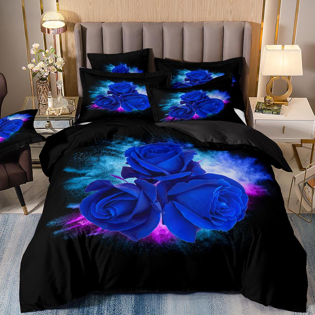 Three-Piece Rose Floral Style 3D Printed Quilt Cover Home Textile Bedding Kit