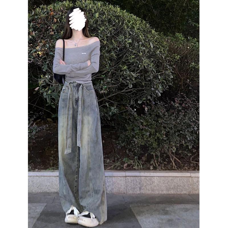 Plus Size Retro High-Waisted Wide-Leg Frayed Jeans for Women L