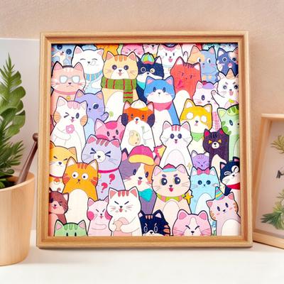 Yousheng Wooden Cat Coloring Puzzle Kit with Marker Pens Glue DIY Hand-Painted 3D Irregular Cartoon Kitten Puzzle Photo Frame Decoration Ornament