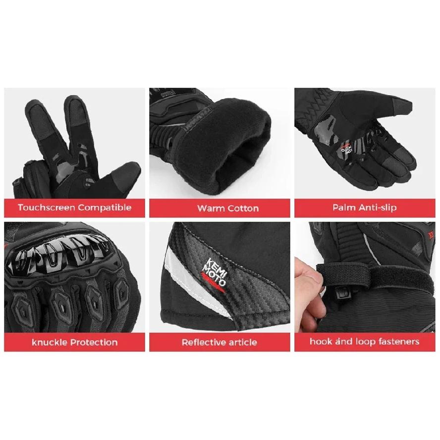 KEMiMOTO Zimní motocyklové rukavice CE Ochranné Černé Guantes Moto Invierno Teplé Rukavice pro dotykovou obrazovku Vodotěsné Větruodolné