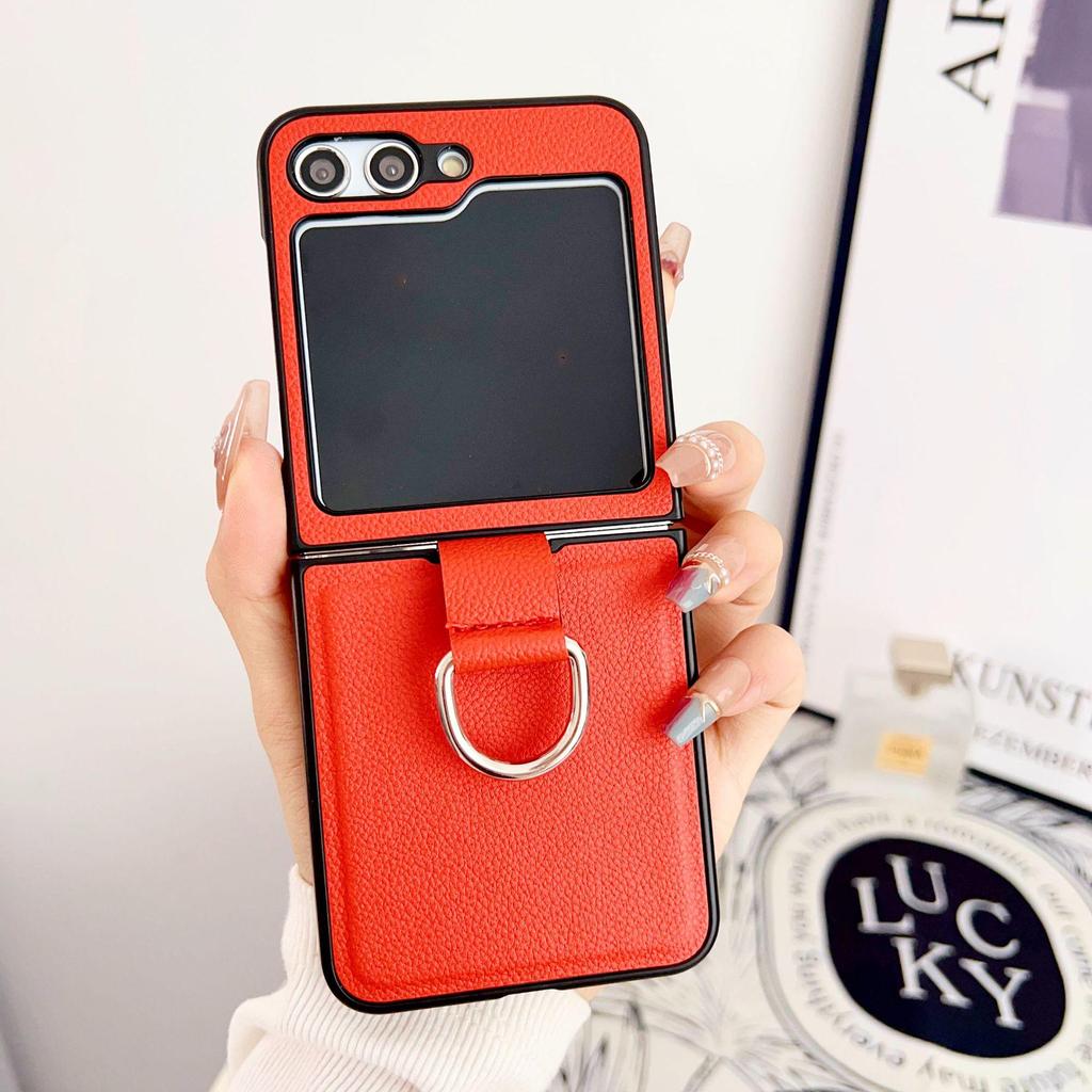 Coque Samsung Z Flip 7/6/5 Texturée Cuir avec Anneau - Housse de Protection Mode Couleur Unie