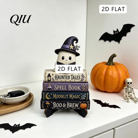 Halloween Party Tabletop Centerpieces Reading Ghost Figurine, Wooden Desktop Ornaments, Vintage Pumpkin Decor Statue with Stand for Home Fireplace