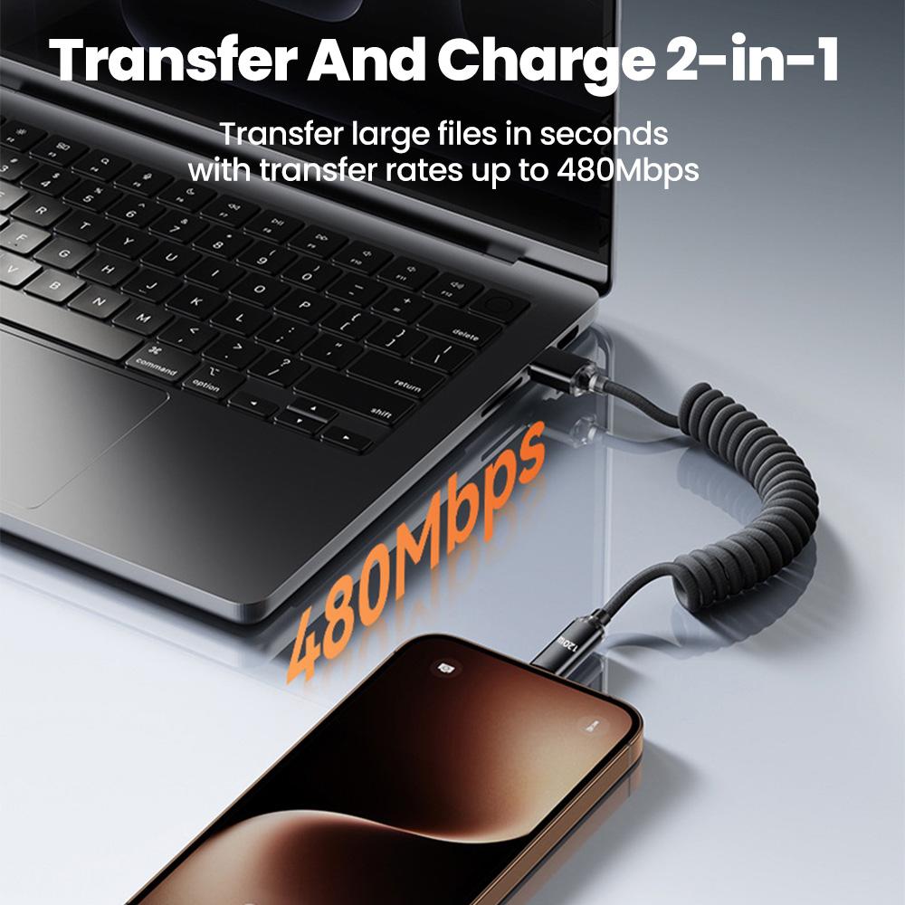 111W Car USB A to Type C Cable Spring Telescopic Fast Charging Cable USBC to C for iPhone 17 16 Samsung Xiaomi Huawei