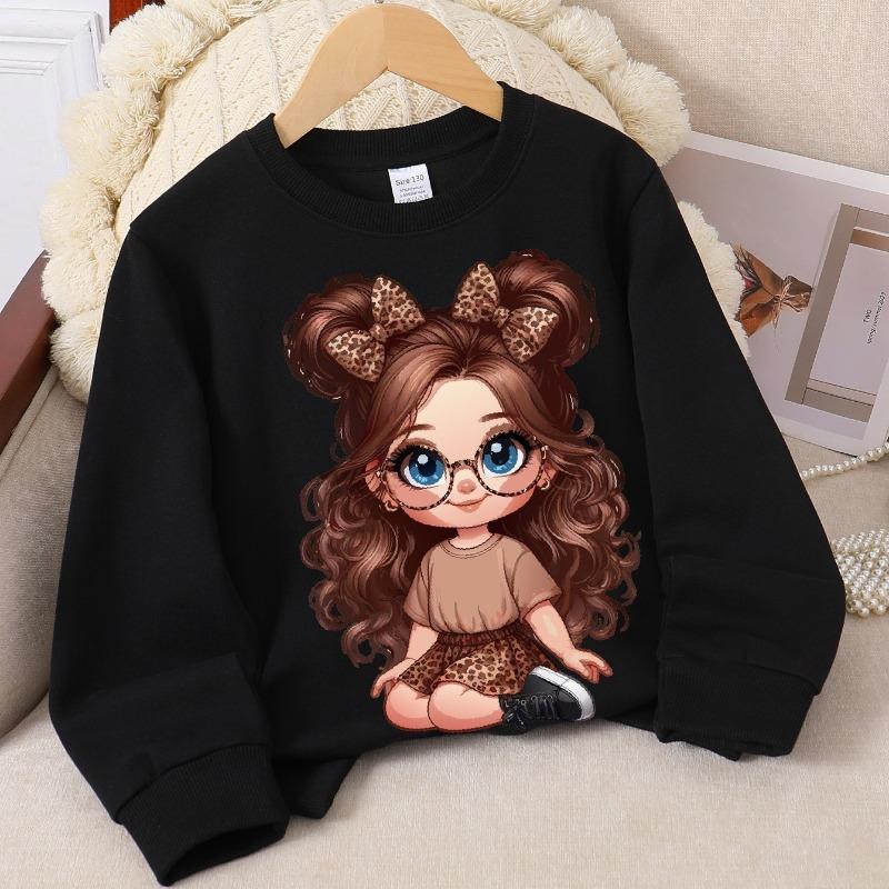 Kids Crewneck  Long Sleeve Sweatshirt, Leopard Print Bow Hair Accessories Print