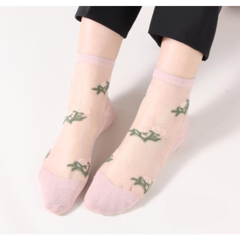 Summer New Style Thin Women's Socks Breathable Ice Silk Flower Crystal Stockings Short Sweat-absorbent Non-slip Cotton Socks Bottom Tube Socks