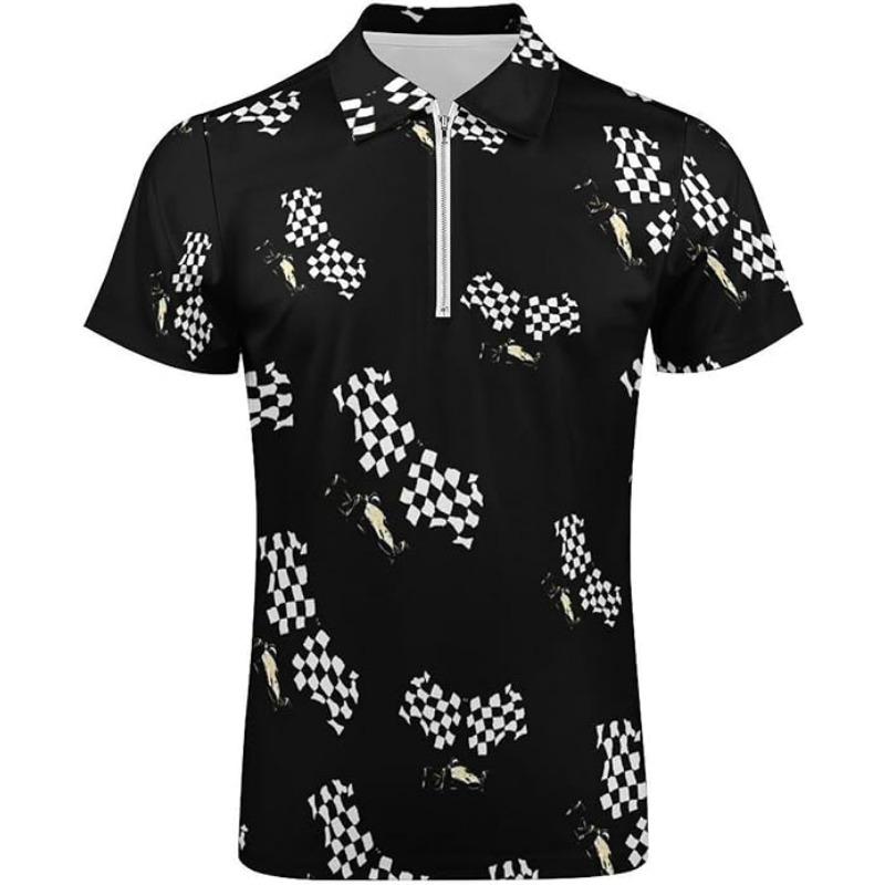 

Black and White Sport Car Mens Zip Up Polo Shirts Casual Short Sleeve Golf Collared Shirt Slim Fit Tee Top 5XL чорний