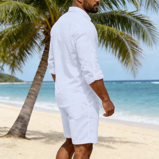 2 st/set Damtoppar och Shorts Set Lapel Långärmad Enkelknäppt Skjorttoppar Elastiska Mellanhöga Shorts Set Casual Tvådelat Set Strandkläder