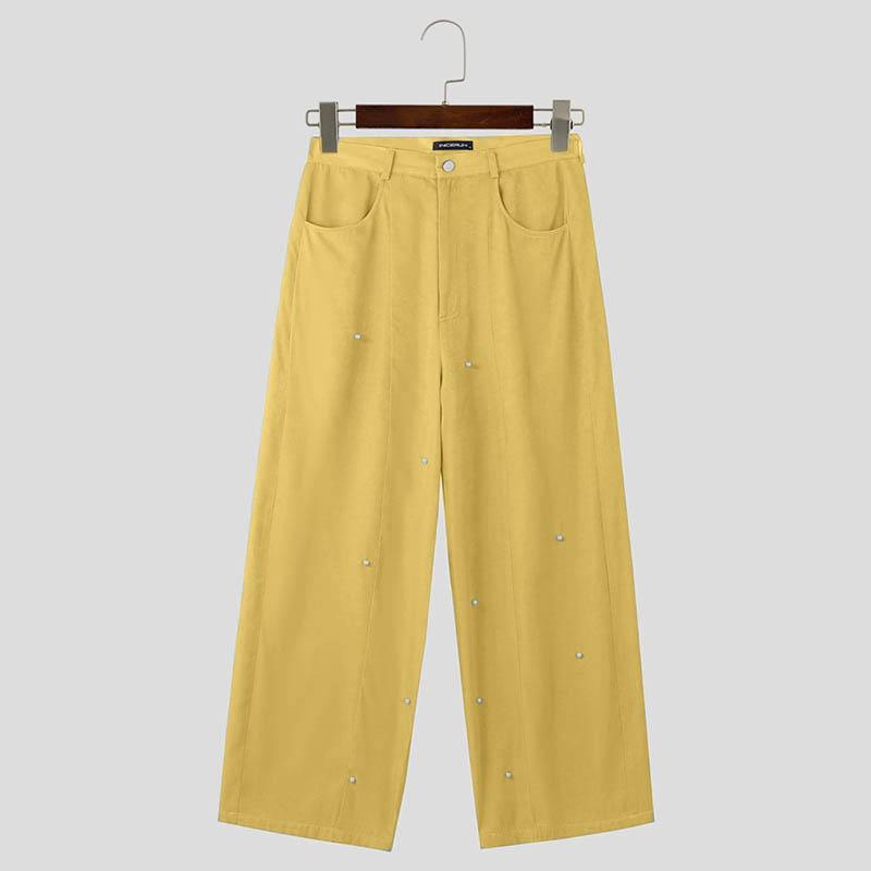 

INCERUN мужские свободные прямые брюки с отделкой из бисера и молнией, повседневные широкие брюки L жёлтый