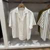 1116 Summer New Women's Hemp Blended Open Neck Striped Shirt Short Sleeve Shirt Loose Top Women's 171611