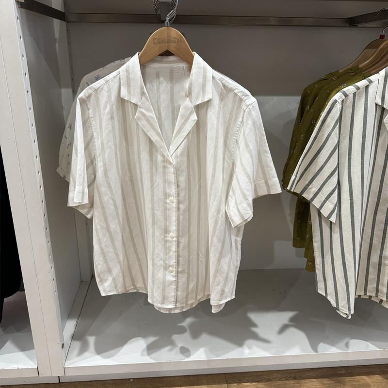 1116 Summer New Women's Hemp Blended Open Neck Striped Shirt Short Sleeve Shirt Loose Top Women's 171611