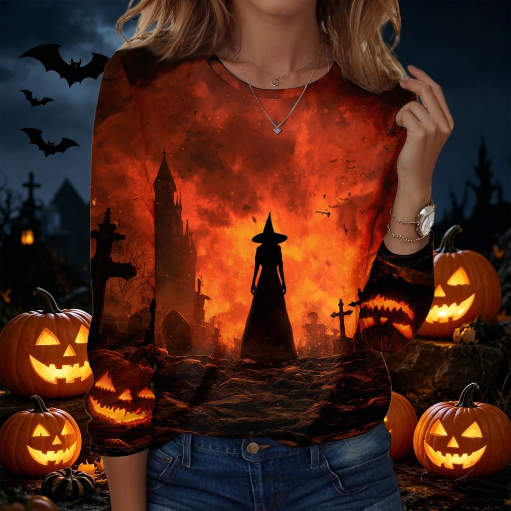 Women's Halloween Print Pullover Sweatshirt Long Sleeve Crew Neck Casual Top Comfortable Fit Seasonal Design