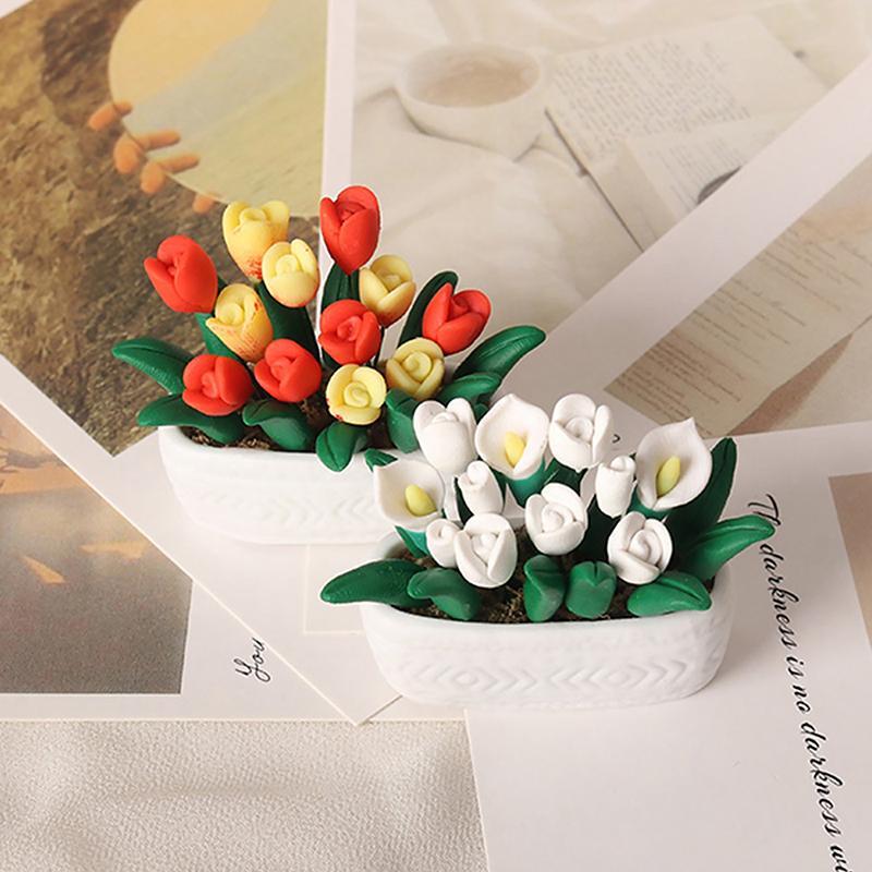 1:12 Dollhouse Miniature Tulip Potted Plant Flowerpot Bonsai Garden Model Decor Toy Doll House Accessories