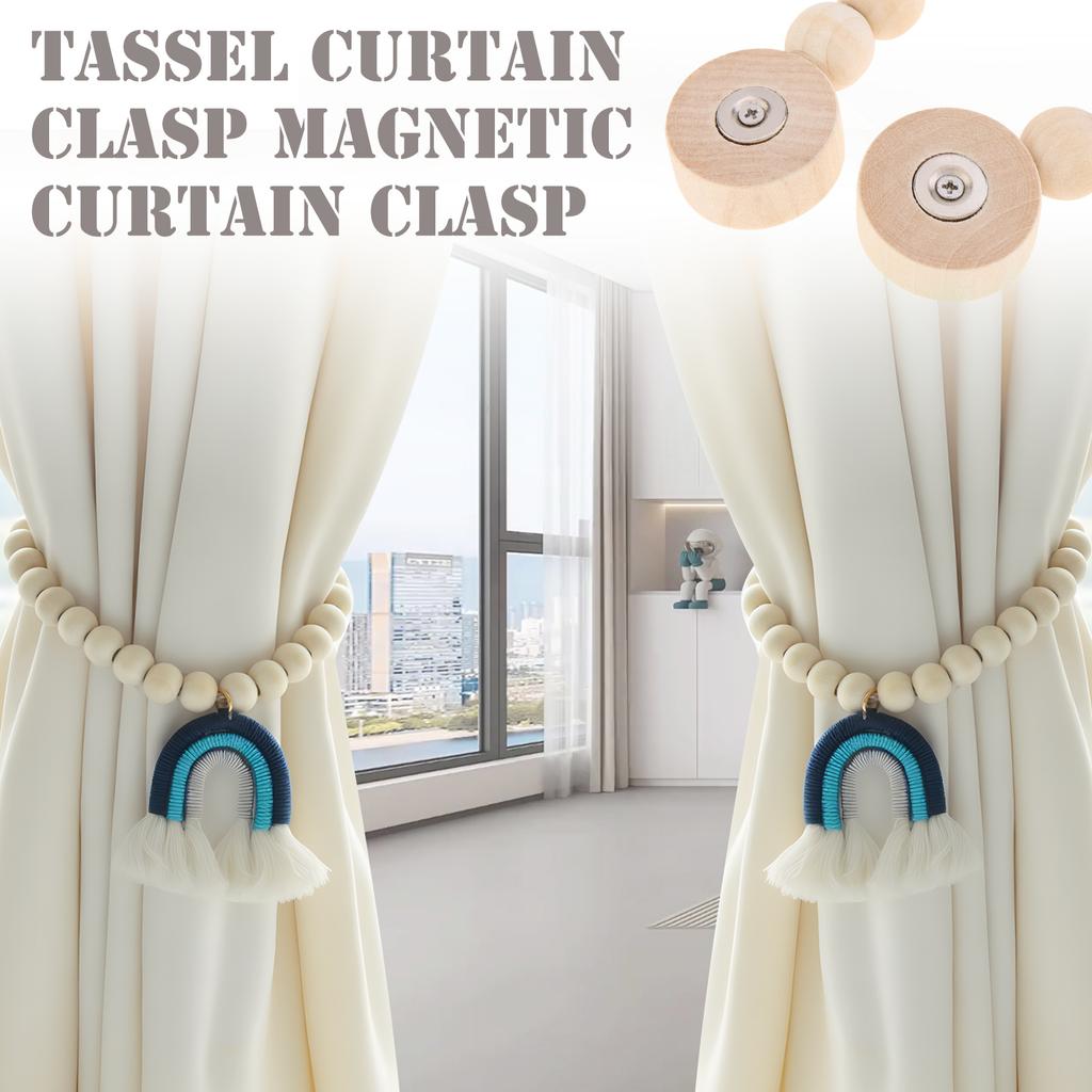 2 pcs Magnetic Wooden Bead Curtain Tiebacks Minimalist Rainbow Tassel for Bedroom Living Room Patio