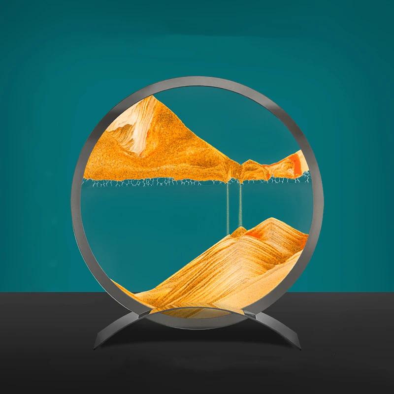 Sandscape Moving Sand Art Picture Round Glass Quicksand Hourglass Metal Base 3D Deep Sea Flowing Sand Painting Home Decor Gifts