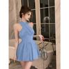 Vestido Azul Halter sin Espalda Mujer Moda Verano Sin Mangas Dulce Corto Elegante Vestido de Hada