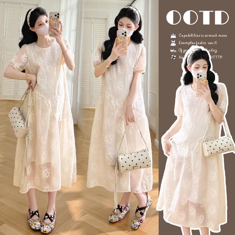 2026 Summer Maternity Floral Short-Sleeve Dress - Loose Fit, Belly-Covering, Korean Style L