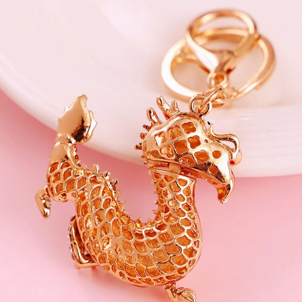 Metal Inlay Lucky Chinese Keyring Inlay Rhinestones Chinese Dragon Keychain  Bag