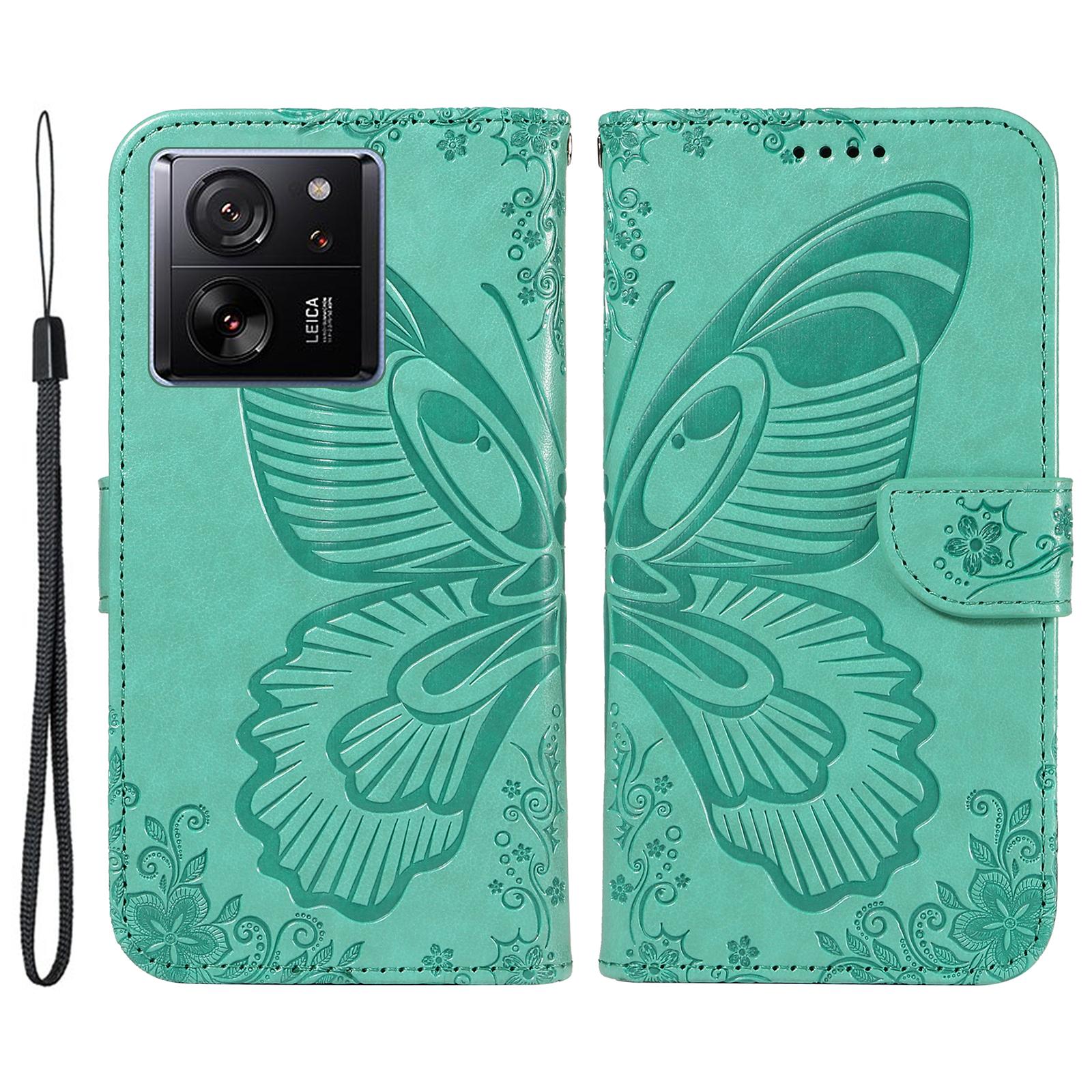 

For Xiaomi 13T Pro/13T/Redmi K60 Ultra Phone Case Butterfly Pattern PU Leather Flip Phone Cover Green