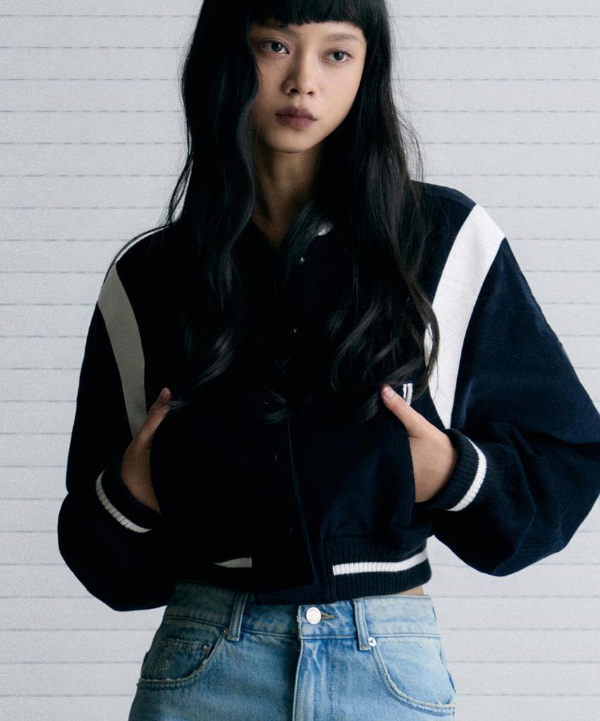 Leathery Corduroy Varsity Teddy Jacket [Black]