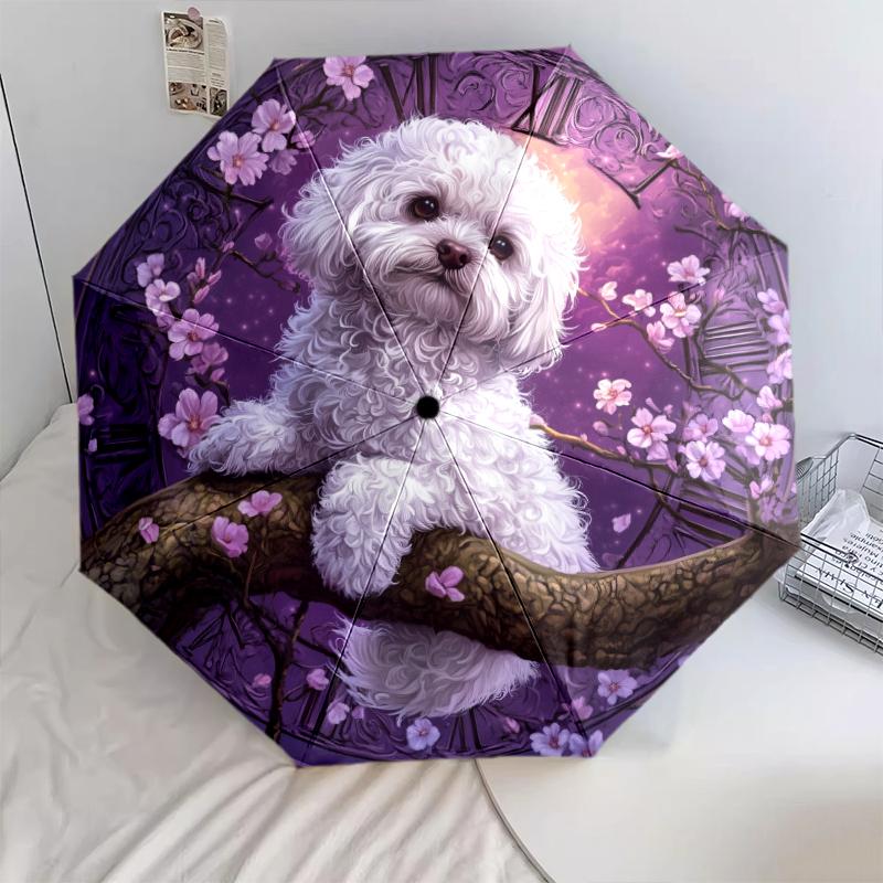

Purple Bichon pattern, automatic folding umbrella, portable and foldable design, 8 ribs, a Christmas or birthday gift.