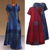 Spring Summer Women Bohemian Dress Long Loose Waist Plaid Print O Neck Short Sleeve Pocket Sizes S To 5XL