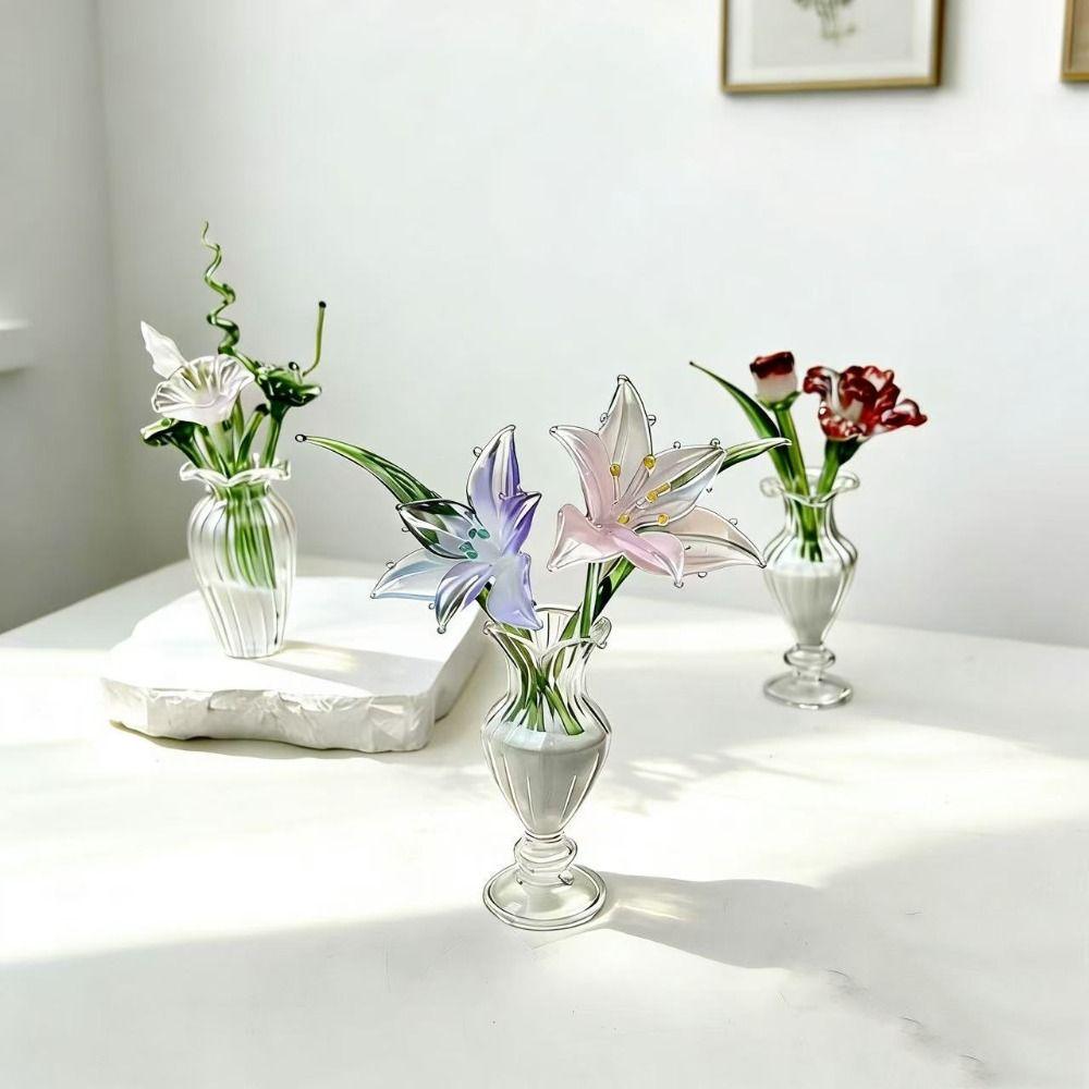 Mini Glass Flower Decor Colored Glaze Simulation Floral Handcrafted Floral Sculpture Gift Handmade Glass Flower Bouquet
