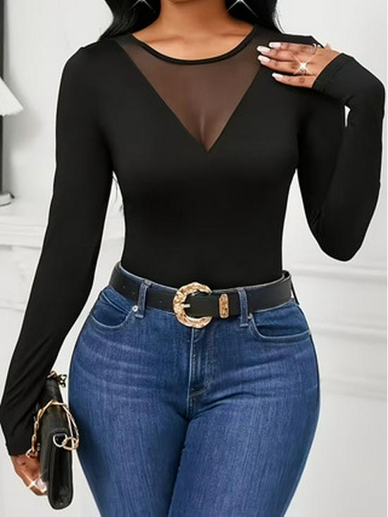 

Elegant Mesh Patchwork Long Sleeve Women s T-Shirt Medium чорний