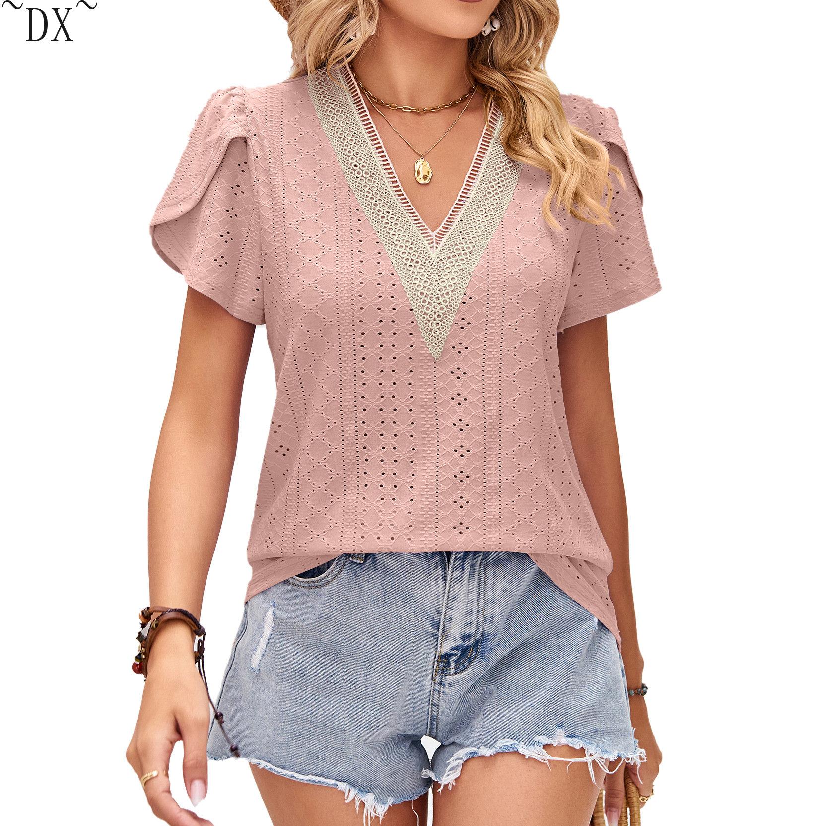 DX~~Женская летняя свободная футболка с v-образным вырезом и кружевными лепестками — фото 24