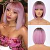 Short Bob Wig With Bangs Synthetic Wigs For Women Straight Ombre Rose Red Pink 12 Inch Heat Resistant Lolita Cosplay Party Hair
