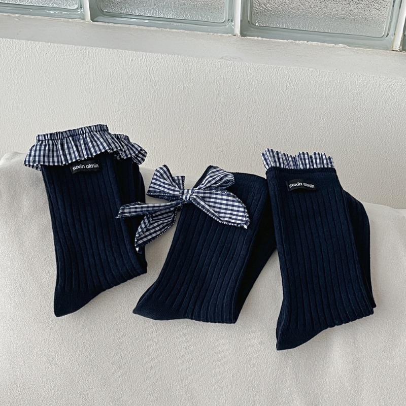 5 Pairs of Female Spring and Summer Preppy Bow In The Tube Pile Socks