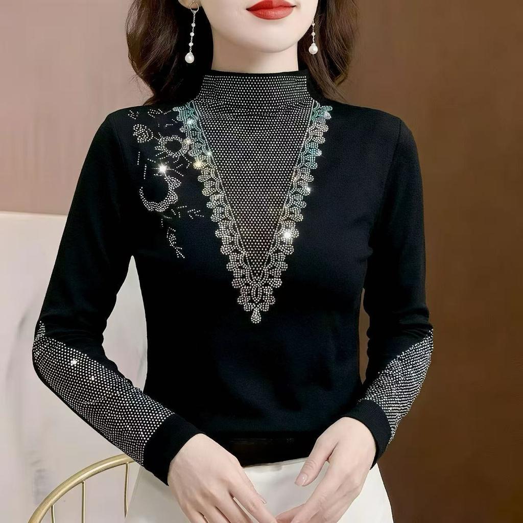 Women's Fleece-Lined Base Shirt Autumn/Winter Rhinestone Soft Warm Slim-Fit Stretchy Base Shirt Top