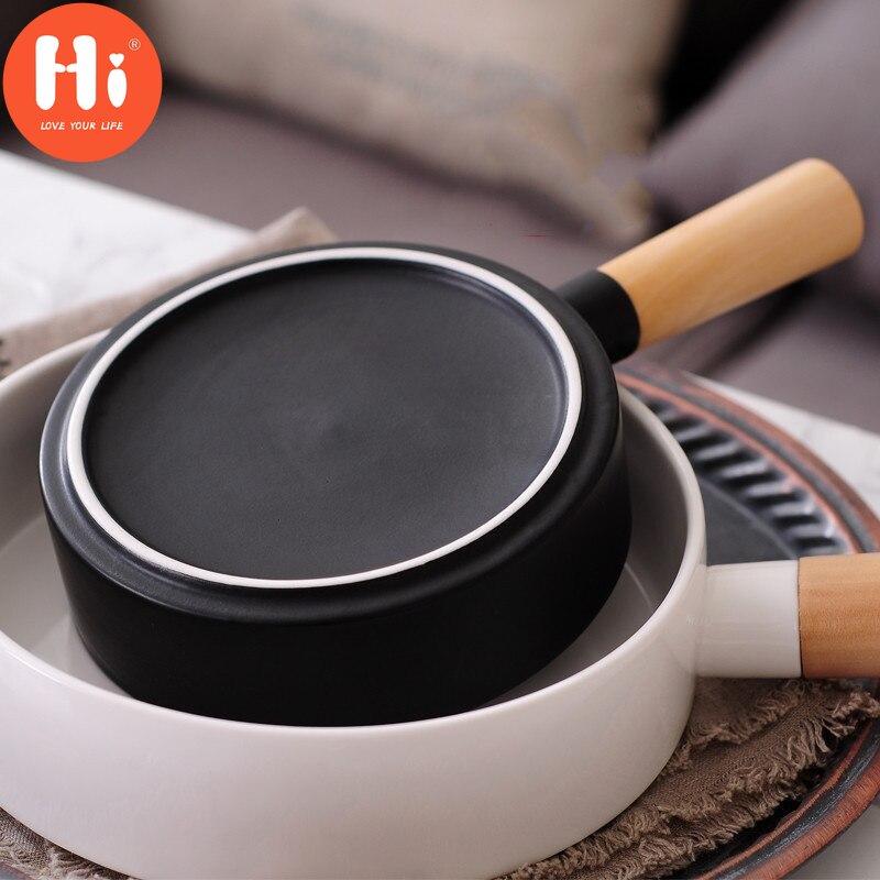 Hi Nordic Round Steak Dinner Plate Pan With Wood Handle Creative Pasta Salad Bowl Simple Ceramic Food Container Kitchen Tableware