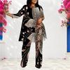 Women Plus Size Round Neck Long Sleeve Printed Layered Top And Long Pants Two Piece Set