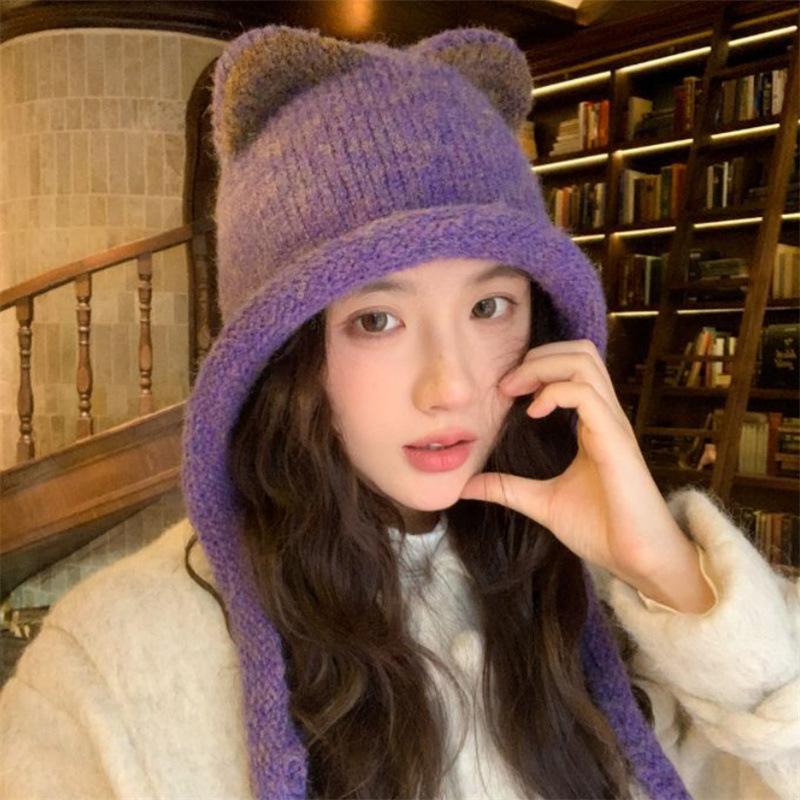 Korean ins wind cat ears knitted hat balaclava hat women's warm and cold ear protection wool hat