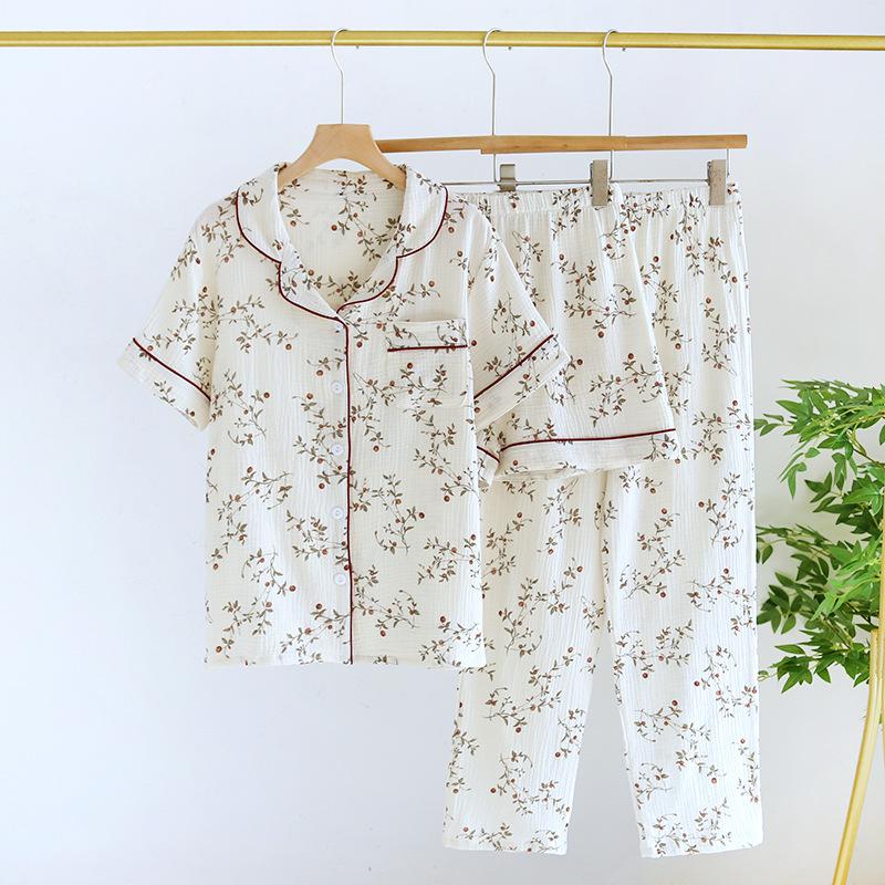 Women's Spring/Summer Pajama Set 100% Cotton Crepe Short Sleeves+Shorts+Pants Three Piece Thin Home Furnishings Pajama
