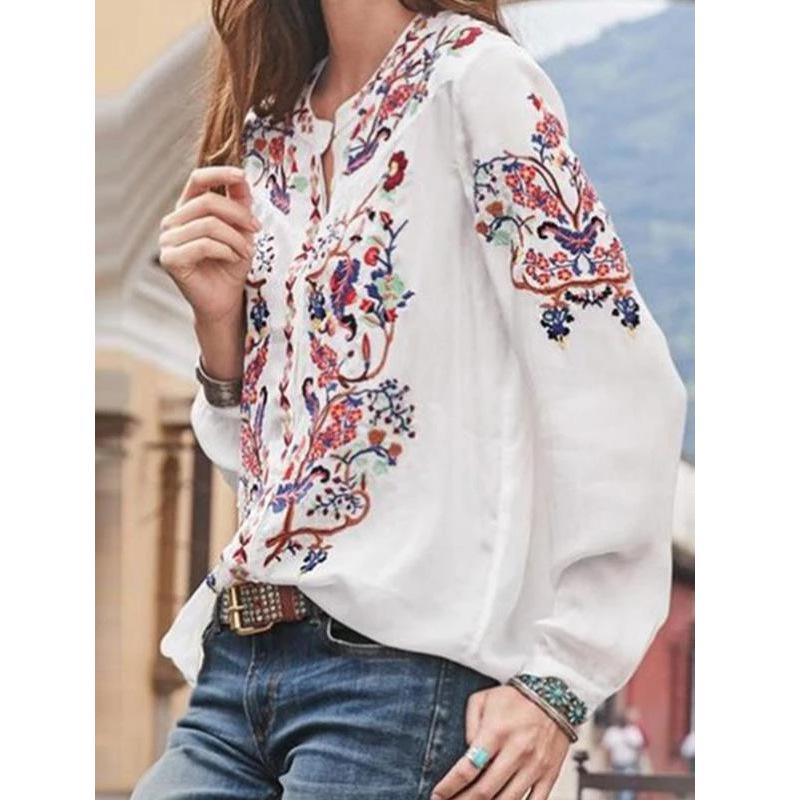 Women Long Sleeve Shirt Flower V-Neck Casual Loose Top Ladies Blouse Tee