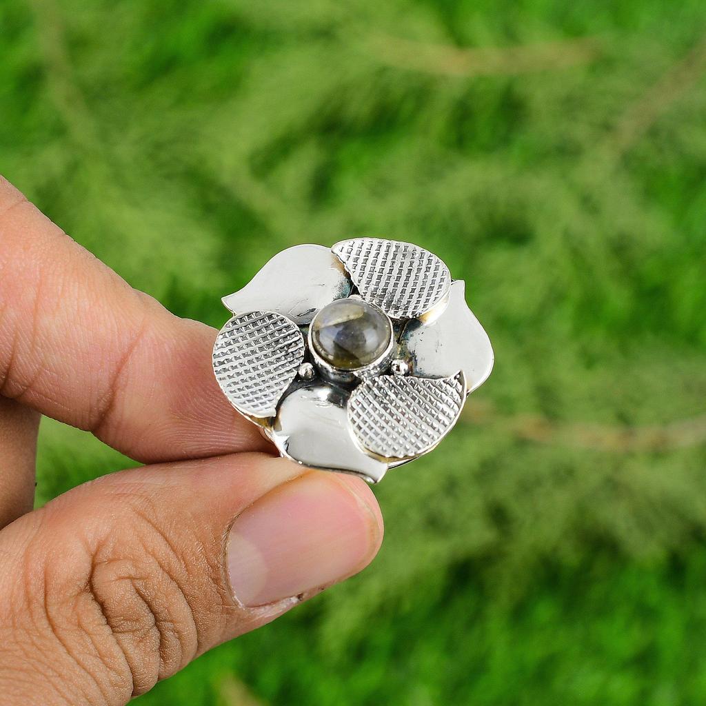 Mothers Day Deal Labradorite Gemstone 925 Silver Solitaire Flower Birthday Ring